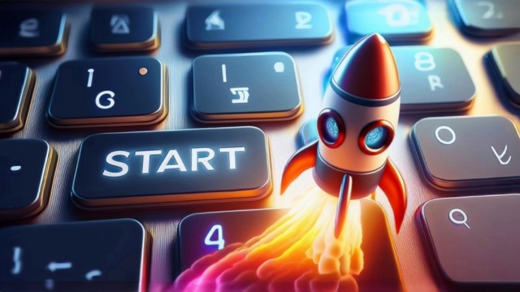 lancement d'une fusée. En arrière plan un clavier avec un bouton START