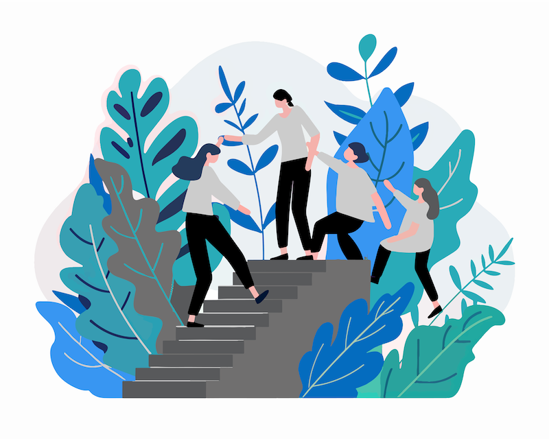 une équipe collabore pour hisser tous les membres en haut d'un escalier. 