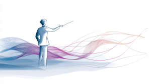 Illustration du pilotage de la cadence d’un projet, symbolisée par un chef d’orchestre maîtrisant le tempo entre réflexion et exécution.