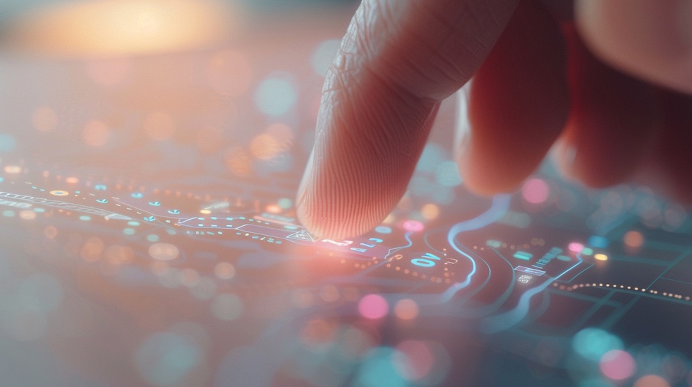 Main humaine interagissant avec une interface digitale illustrant l’équilibre entre IA et expérience client